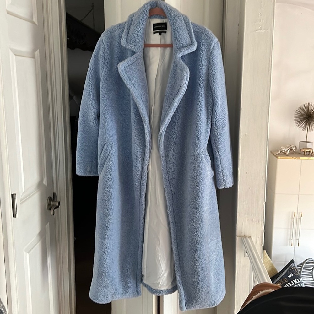 Something Navy blue oversized faux shearling teddy coat Sz Small